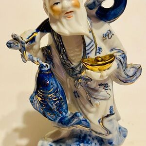 Vintage Chinese Porcelain Fisherman Figurine w/Blue, White & Gold Accents